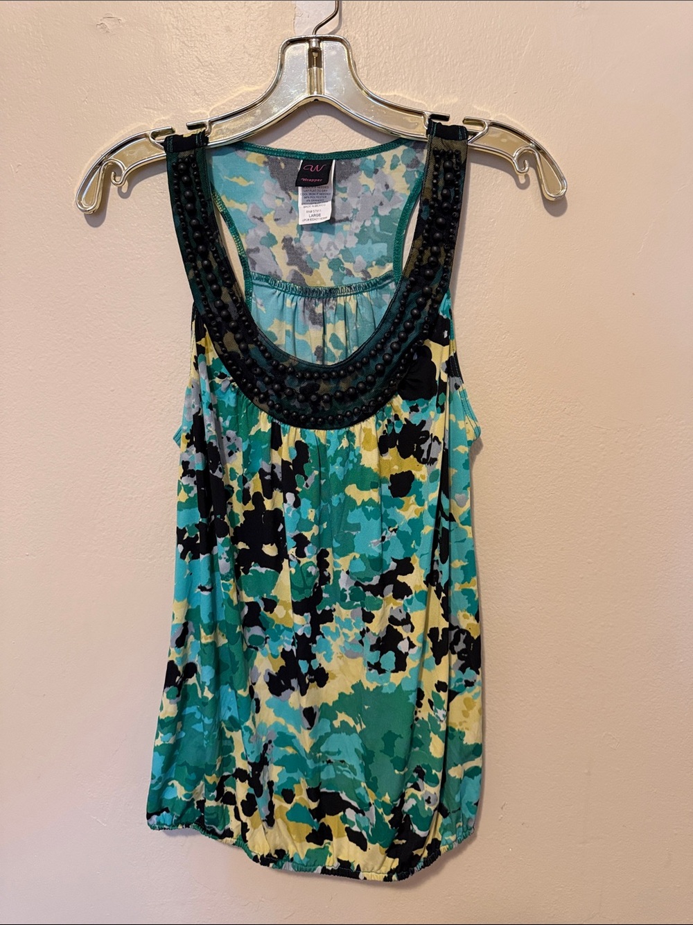 Wrapper Beaded Scoop Neck Tank Top - Teal Multi
